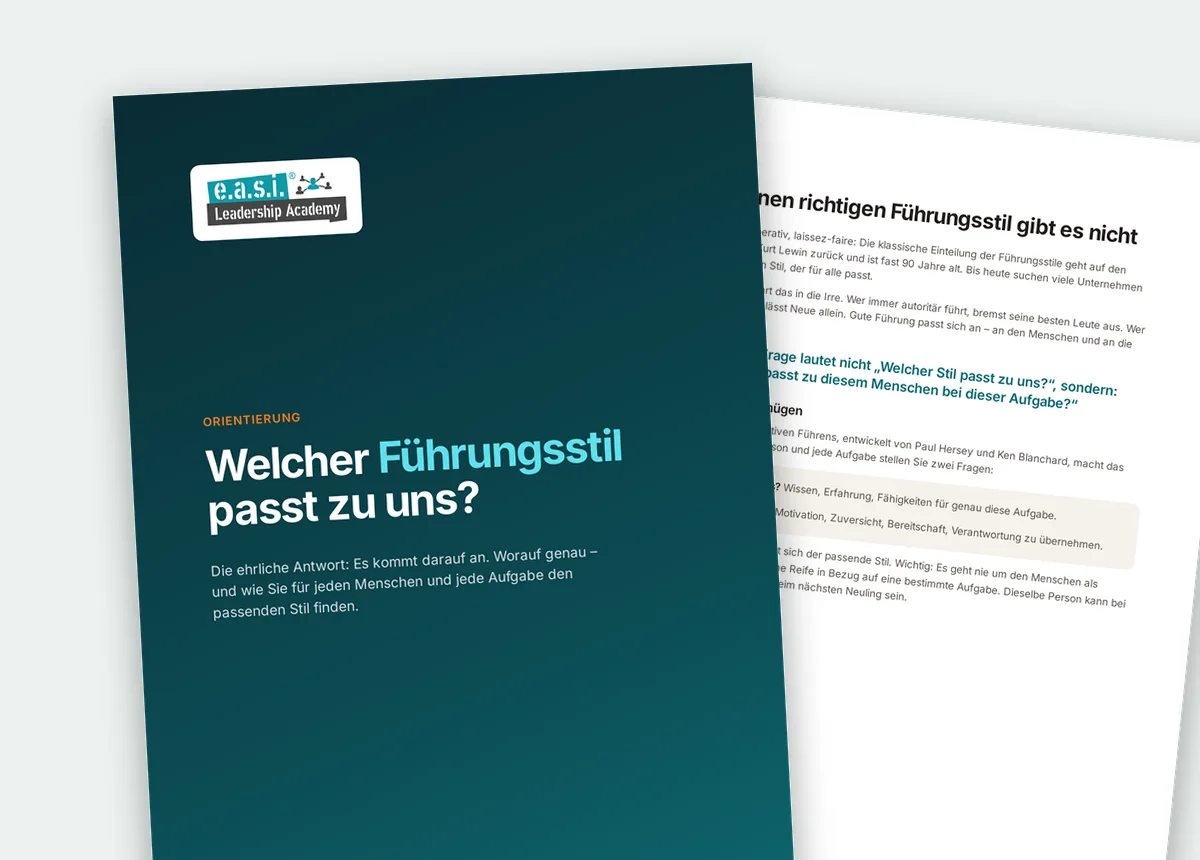 Titelseite und erste Innenseite des PDFs „Welcher Führungsstil passt zu uns?“